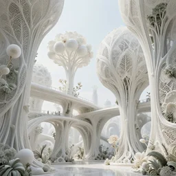 beautiful scifi futuristic fractal modular pods biophilic city, megastructure, arches, bridges, blooms, vincent callebaut composition, iris van herpin, elegant lace haute couture broad embroidered leaved trees, minimalist, porcelain magnolia fluid fractal nebula, rhizomorph, soldier lichen, soft light, puffballs, brackets lic