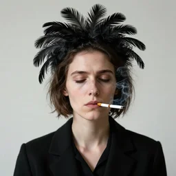 photographic portrait max ernst sad woman giraffe feathers face cigarette smoke, square composition