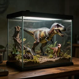 a closed terrarium of jurassic animals on a wooden table, an epic fantasy, dramatic lighting, cinematic, extremely high detail, photorealistic, cinematic lighting, artstation, by simon stalenhag, horizon forbidden west