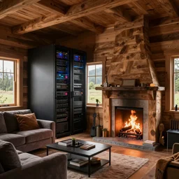 wooden cottage livingroom as a datacentre, fireplace, concept art