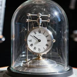 photo of a torsion pendulum clock in its glass dome inside the international space station