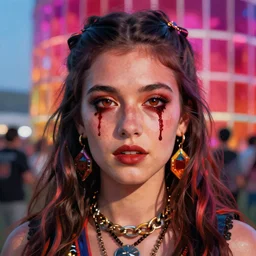 perfectly centered photograph of one beautiful Coachella influencer with blood coming out of her eyes, detailed ambient lighting, hyper realistic, vibrant colors, cinematic, Pop art style, digital art painting by Keith Thompson, cinematic, 35mm grain filter, artstation
