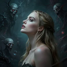 side portrait of margot robbie, looking upward, fantasy artwork, digital art, ethereal, gothic, macabre, grotesque, beautiful, lovecraftian cosmic entities, upper body, side profile, volumetric lighting, creepypasta, grotesque