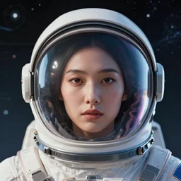 retrofuturistic portrait of an asian woman in astronaut helmet, smooth transparent visor, reflective gradient, space graphics in background, close up, quint buchholz, wlop, dan mumford, artgerm, liam brazier, peter mohrbacher, raw, featured on artstation, octane render, cinematic, elegant, intricate, 8 k