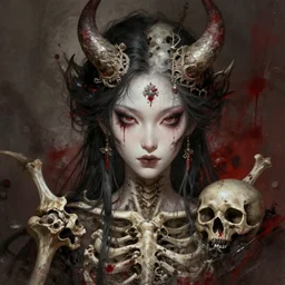 stunning asian demoness of skull portrait bones skull dirt bloody background fantasy intricate elegant highly detailed digital painting