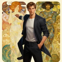 modern man | hyperrealistic | action pose | digital painting | trending on artstation | portrait | clean | illustration | dressed | Unreal Engine 5 | 8k resolution | by Greg Rutkowski Alphonse Mucha Gustav Klimt and Mel Ramos