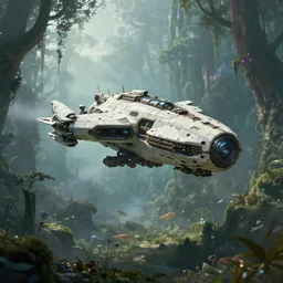 concept art of a white bone biopunk spaceship landing in an enchanted forest, beautiful fantasy landscape, sharp focus, hyper detailed, hyperrealism, volumetric, amazing depth, by federico pelat and hr giger, unreal engine highly rendered, ominous, misty, volumetric lighting, 8 k