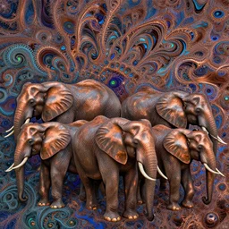 herd of elephants, by fiona staples and dustin nguyen, peter elson, alan bean, wangechi mutu, metallic colors, fractals, deepdream, oxidized copper, led light, highly detailed and intricate, psychedelic, sharp focus,