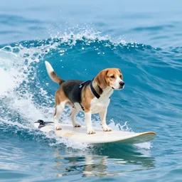 beagle on a surfboard, surfing blue waves of an very clear water ocean off hawaii, digital art, octane render, imax, trending on artstation, dark mood