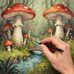 hand rendered ( ( ( ( ( 1 9 5 0 s whimsical story book swamp of giant mushrooms, moss and flowers, stream with bridge. muted colors. ) ) ) ) ) by jean baptiste monge!!!!!!!!!!!!!!!!!!!!!!!!! chrome red