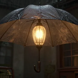 lamp that is an umbrella, very detailed texture, rainy, nostalgic, realistic shaded lighting, art style by ilya kuvshinov, katsuhiro, artgerm, jeremy lipkin, michael garmash, nixeu, unreal engine 5, radiant light, intricate environment