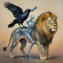 painting of hybrid between crow!!!!!!!! & lion, intercrossed animal, mixture animal, by tiffany bozic, by zdzislaw beksinski, organic, logical anatomy, cold hue's, warm tone gradient background, concept art, beautiful composition, digital painting,