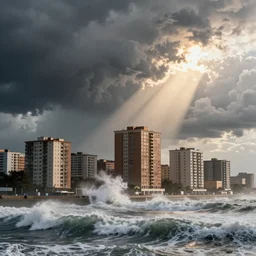 Slum housing emerging from crashing tidal wave landscape , sea spray fills the air , volumetric sunlight shines through massive developing storm clouds , full colour , upscale , 4k