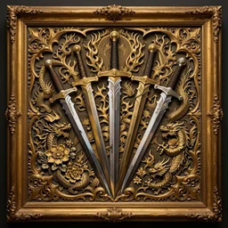 a illustration fantasy wood frame engraving with extreme intrincate details, golden border highly detail ornaments art by fantasy style, centered, facing shot, swords, flowers, dragons and flames, symmetry