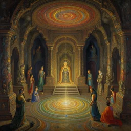 a painting of an ancient underground dungeon temple, intricate, elegant, highly detailed, swirly magic ripples, gaudy colors, digital matte painting, artstation, concept art, by greg manchess, huang guangjian, gil elvgren, sachin teng, greg rutkowski, jesper ejsing, ilya kuvshinov