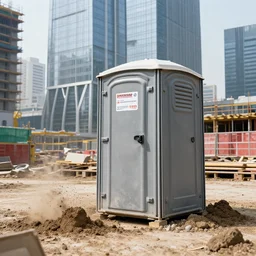 large porta potty at a construction site for a modern skyscraper, disturbed dirt and sediment on the ground