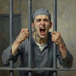 a screaming prisoner holding prison bars, realism old oil painting