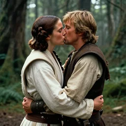 luke skywalker, princess leia and han solo hugging and kissing in the forest of endor in a modern remake of return of the jedi