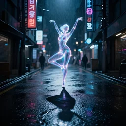 a shadow standing in a dark cyberpunk street, dimmed neon lights, lens flare, heavy rain, deep focus, d & d, intricate, elegant, highly detailed, photo, seoul, artstation, holographic dancer, blade runner, 8 k, sharp focus,