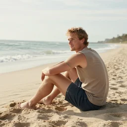 a photo of kellen sitting in the beach.