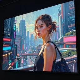 hd photo of futuristic paintings displayed on big screen in cyberpunk city, enormously detailed, digital painting style of Jeszika Le Vye