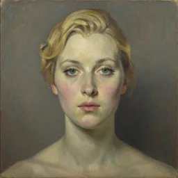 classic oil painting, woman, oval shape face, blond hair, beautiful lashes, full body, beautiful, in style of thomas ruff