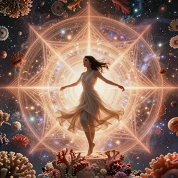 ridiculously beautiful young asian woman tripping, 3 d layers of coral and light fractals radiating behind with sacred geometry, cosmic, natural, awakening, symmetrical, in the style of ernst haeckel and alex grey, effervescent, warm, photo realistic, epic and cinematic