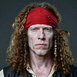 very detailed portrait photo photo of an mature pale albino albino albino african pirate with red headband and curly curly curly hair, featured in artstation, photo art by Greg Rutkowski, WLOP, Dan Mumford, Christophe Vacher