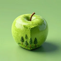 studio shot of green apple shaped like a cube, isometric perspective, green backgroun