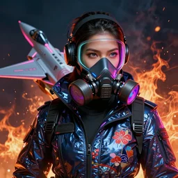 detailed portrait neon female swat officer flying a jet, cyberpunk futuristic, neon, gas mask, reflective puffy coat, decorated with traditional japanese by ismail inceoglu dragan bibin hans thoma greg rutkowski alexandros pyromallis nekro rene margitte, fire & smoke, illustrated, perfect face, fine details, realistic shaded, fine - face, pretty face