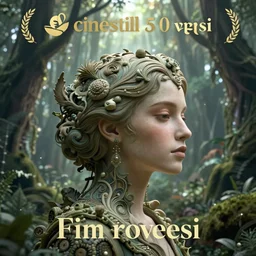 cinestill 5 0 d panorama of a woman by roversi in a mystical forest, greenery, light beams from top, romance, pale tonal matt, fine art, sharp focus, award winning, hyper realistic dark fantasy landscape, beauty intricate, elegant, cinematic lighting, highly detailed, in head