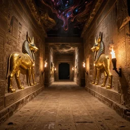 long dungeon, carved sand stone floor, walls with egyptic symbols, giantic golden scarabee, egyptian glyphs, darkness, torch light, fantasy art, evil fluid, creepy, by greg rutkowski