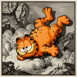 Garfield falling from heaven after his banishment, dramatic lighting, woodcut, by Albrecht Durer, by Gustav Dore, trending on artstation