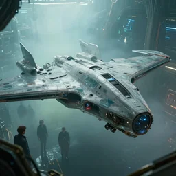 ( cyberpunk 2 0 7 7, bladerunner 2 0 4 9 ) no fog : 1 0, scientists creating an artificial alien highly detailed futuristic biomechanical thick smooth quad wing combat spaceship in their spaceship lab, glassy, photographic, octane render, photorealistic, art by brian sum and annie leibowitz, film still from movie by ridley scott