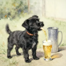 a watercolor of a small black dog drinking beer by charles e. burchfield