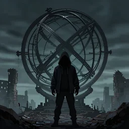 a mysterious man wearing a hoodie with face shrouded in darkness standing before the ruin of an enormous armillary sphere, dark and forboding, high resolution pixel art