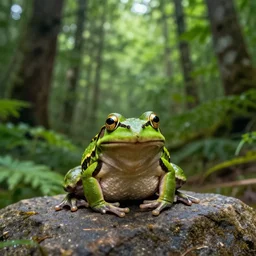 a frog on a rock behind the frog is a great big forest