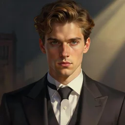 Joji aka George Miller wearing an elegant suit, staring intensely, portrait art by alphonse mucha and greg rutkowski, highly detailed, digital painting, concept art, illustration, dim lighting with twilight rays of sunlight, trending on artstation, very detailed, smooth, sharp focus, octane render, close up