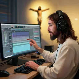 jesus christ creating beats in fl studio on his pc with headphones on, digital art,