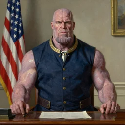 close - up portrait of the united states president, thanos, standing at the resolute desk, 1 8 4 8, attractive, oil on canvas by william sidney mount, trending on artstation, national archives