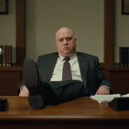cinematic film still from 1 9 9 4 film : portly clean - shaven white man wearing suit and necktie at his desk. he has his right foot propped up on his desk. xf iq 4, f / 1. 4, iso 2 0 0, 1 / 1 6 0 s, 8 k, raw, dramatic lighting, symmetrical balance, in - frame