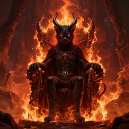 evil cat with horns on its head sitting on a burning throne, the lord of hell, vast expanse of hell background, cat satan,