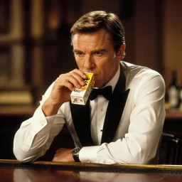 a still from a 007 film, with James Bond sitting at a bar drinking from a juicebox