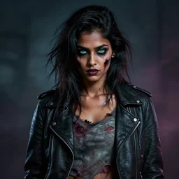 epic professional digital airbrushed portrait art of an extremely attractive mid-20s East Indian supermodel emo female zombie wearing a torn, slightly low cut tee shirt under a leather jacket, with deep green eyes, scary portrait, walking dead, best on artstation, cgsociety, wlop, Behance, pixiv, cosmic, epic, stunning, gorgeous,, masterpiece by Dorian Cleavanger and Stanley Lau