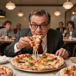 derpy looking mr. bean eating greasy pizza, pizza is everywhere, weird, strange, bizarre, surreal, epic composition, 2 0 0 mm focal length, donato giancola, tim hildebrandt, wayne barlow, bruce pennington, larry elmore