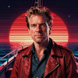 portrait of karl pilkington, retrowave, vaporwave, synthwave, vector, panoramic, detailed, sharp focus, atompunk, realistic, shaded, red color scheme, boat themed, ocean adventure