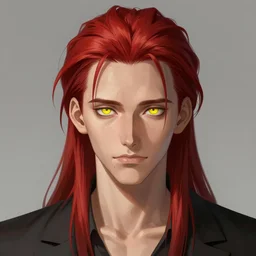 portrait of hisoka morow hunter hunter, 2 0 years old, male, very very sharp jaw yellow eyes very very narrow yellow iris red hair soft hair slicked back crimson medium length hair, tom hiddleston inspired, anime highly detailed, digital painting, artstation, concept art, matte, sharp focus, illustration, art by artgerm and greg rutkowski and alphonse mucha