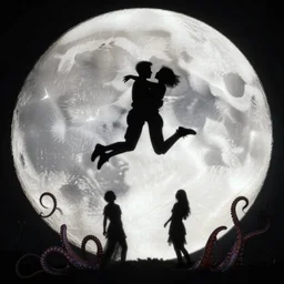 the background is a huge moon. in the night environment, a man jumps into the air with a woman in his arms. in the middle of the moon are two figures in black silhouettes. at the bottom of the picture are some dancing octopus tentacles