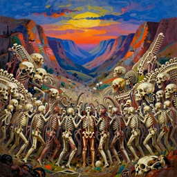 prophecy, vivid colors, hallucination, amazing concept painting by Jessica Rossier and HR giger and Beksinski, the middle of a valley, it was full of bones,  bones that were very dry, there was a noise, a rattling sound, and the bones came together, bone to bone , I looked, and tendons and flesh appeared on them and skin covered them, but there was no breath in them and breath entered them, they came to life and stood up on their feet a vast army