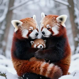 fantasy red panda love, raised hands side by side in the winter trees, he holds her while she sleeps, hyperrealism, 8 k octane render